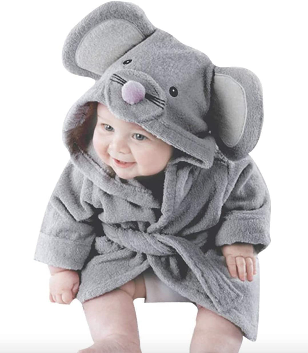 Unisex Baby Animal Plush Bathrobe, Infant Hooded Robe 100% Organic Cotton (Grey, 1-2 years)