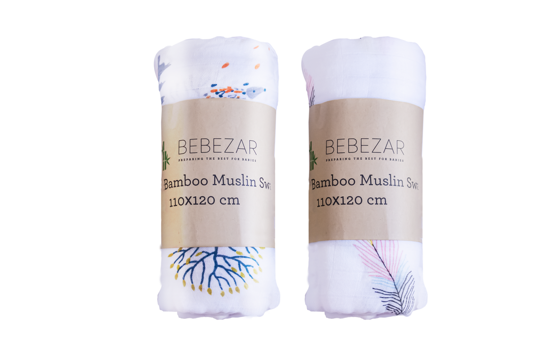 BebeZar Bamboo Baby Muslin Swaddle Blankets, Unisex Neutral Receiving Blankets Soft Silky Muslin Swaddle Blanket for Girls and Boys - 2 Packs, 110x120 cm