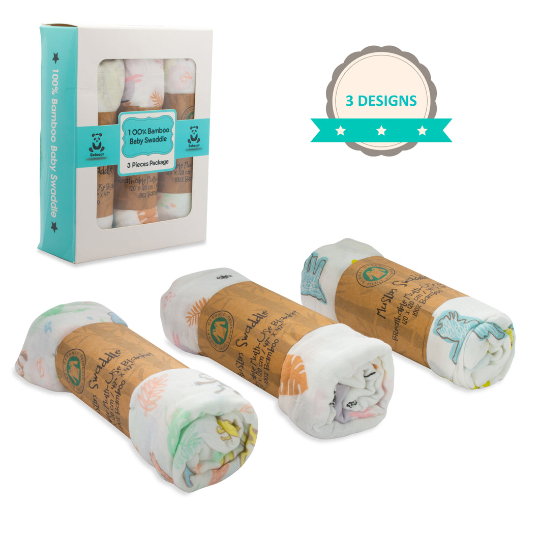 BebeZar 100% Bamboo Muslin Swaddle Blanket - 3 Packs 120x120 cm Square Nursery Swaddle Blanket - NEW IN CANADA